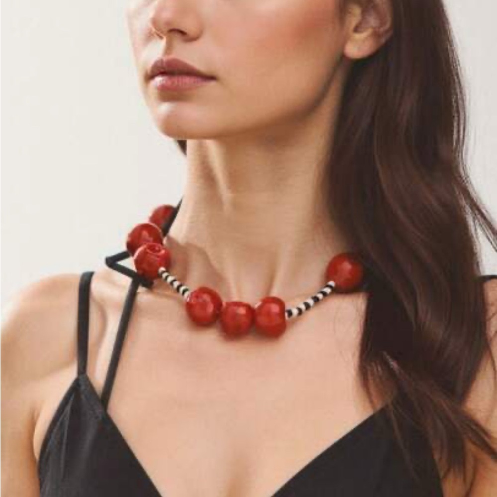 Elegant Red Cherry And Black Beaded Necklace